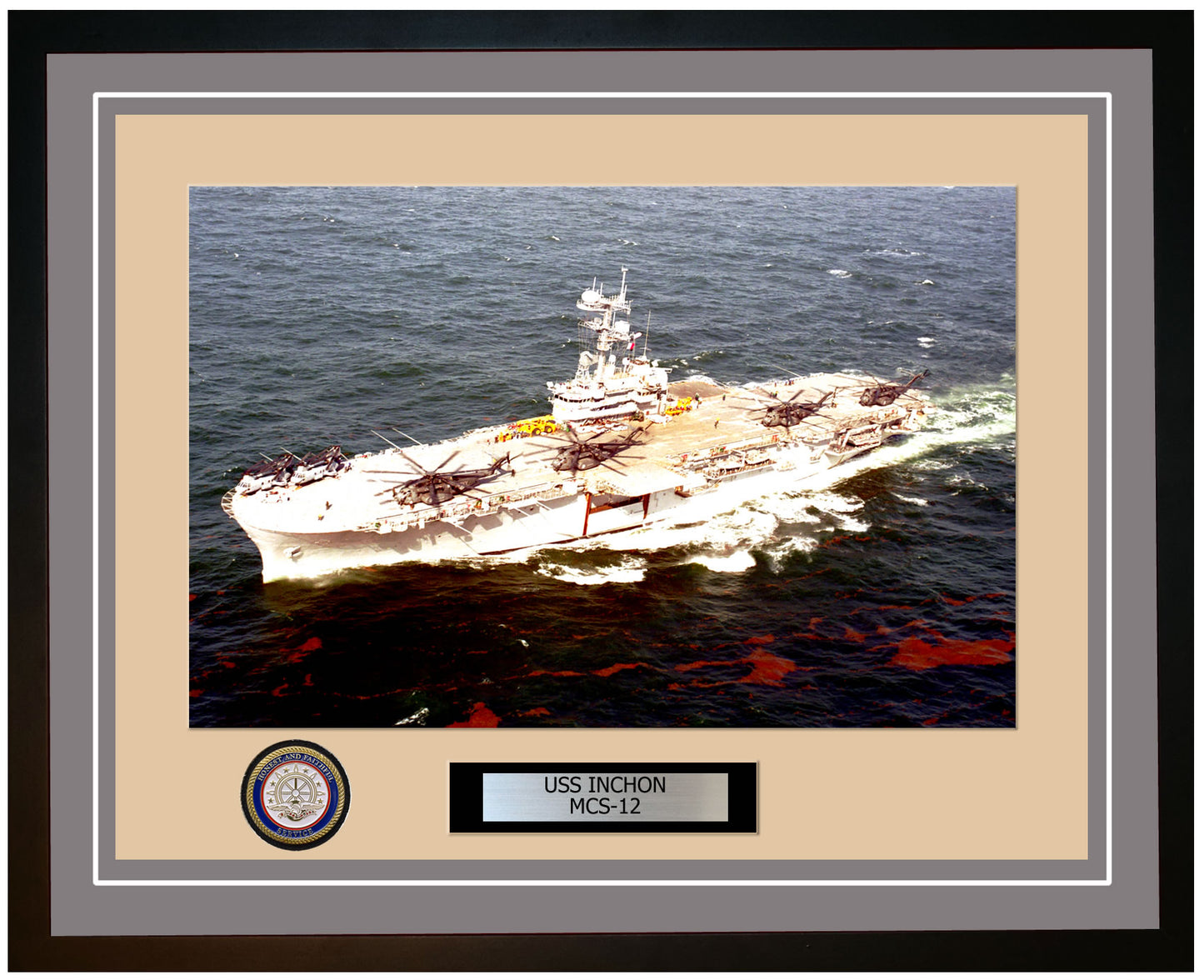 USS Inchon MCS-12 Framed Navy Ship Photo Grey