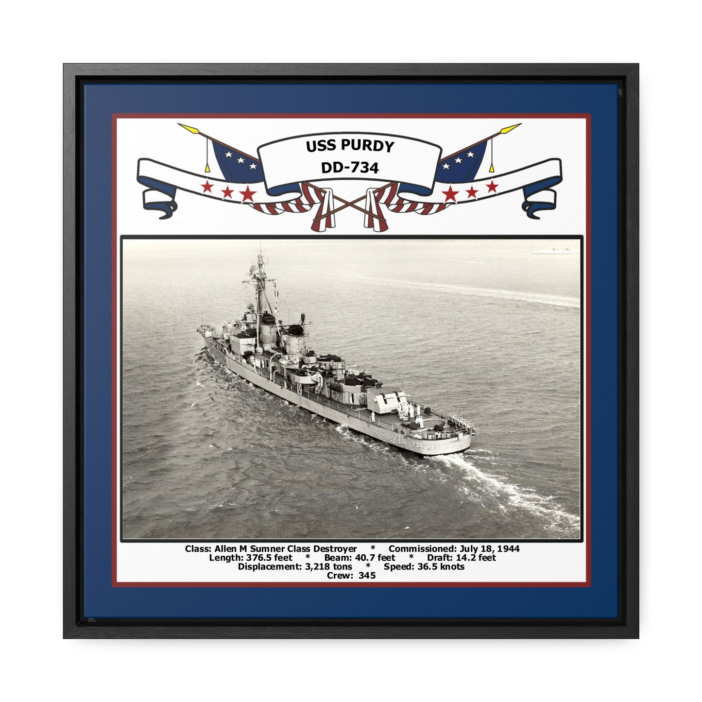 USS Purdy DD-734 Navy Floating Frame Photo Front View