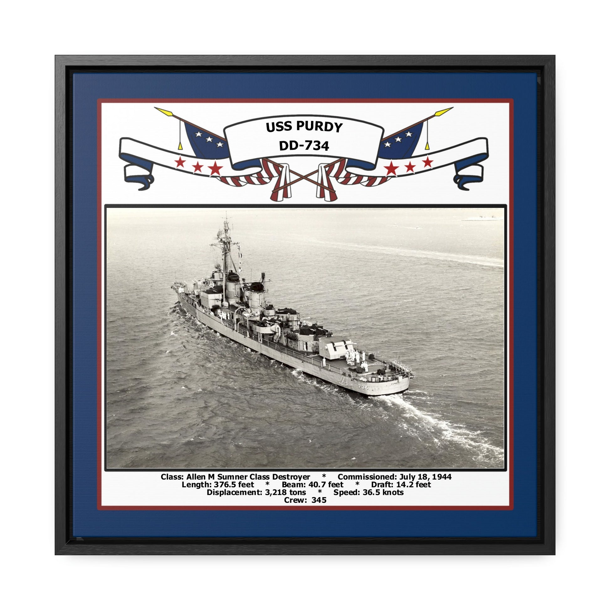 USS Purdy DD-734 Navy Floating Frame Photo Front View