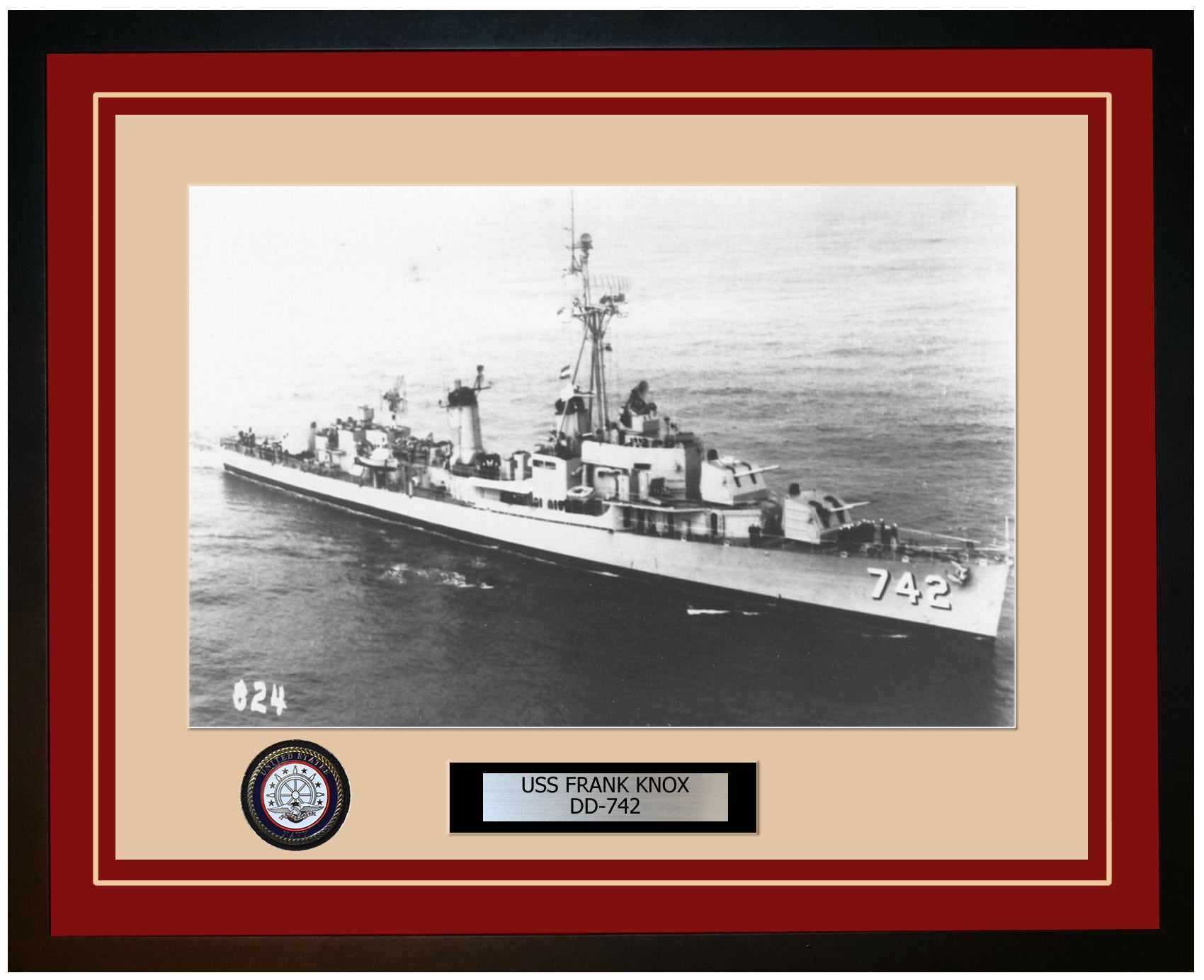 USS FRANK KNOX DD-742 Framed Navy Ship Photo Burgundy
