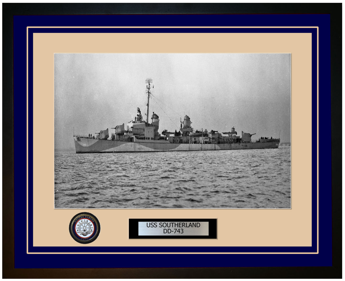 USS SOUTHERLAND DD-743 Framed Navy Ship Photo Blue