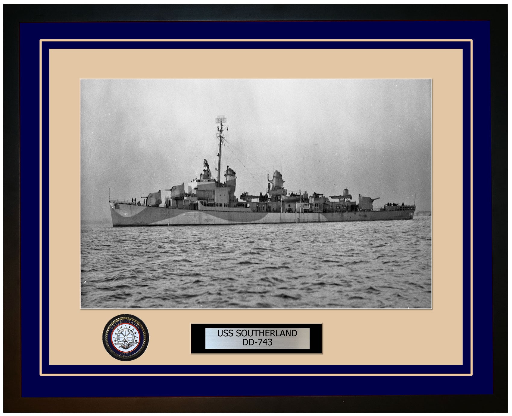 USS SOUTHERLAND DD-743 Framed Navy Ship Photo Blue