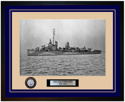 USS SOUTHERLAND DD-743 Framed Navy Ship Photo Blue