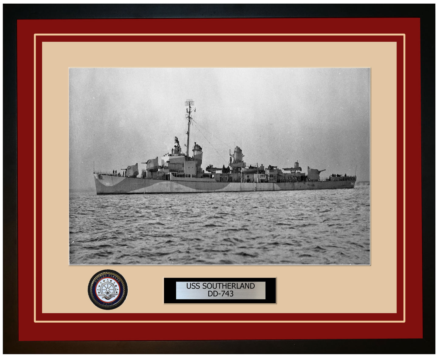 USS SOUTHERLAND DD-743 Framed Navy Ship Photo Burgundy
