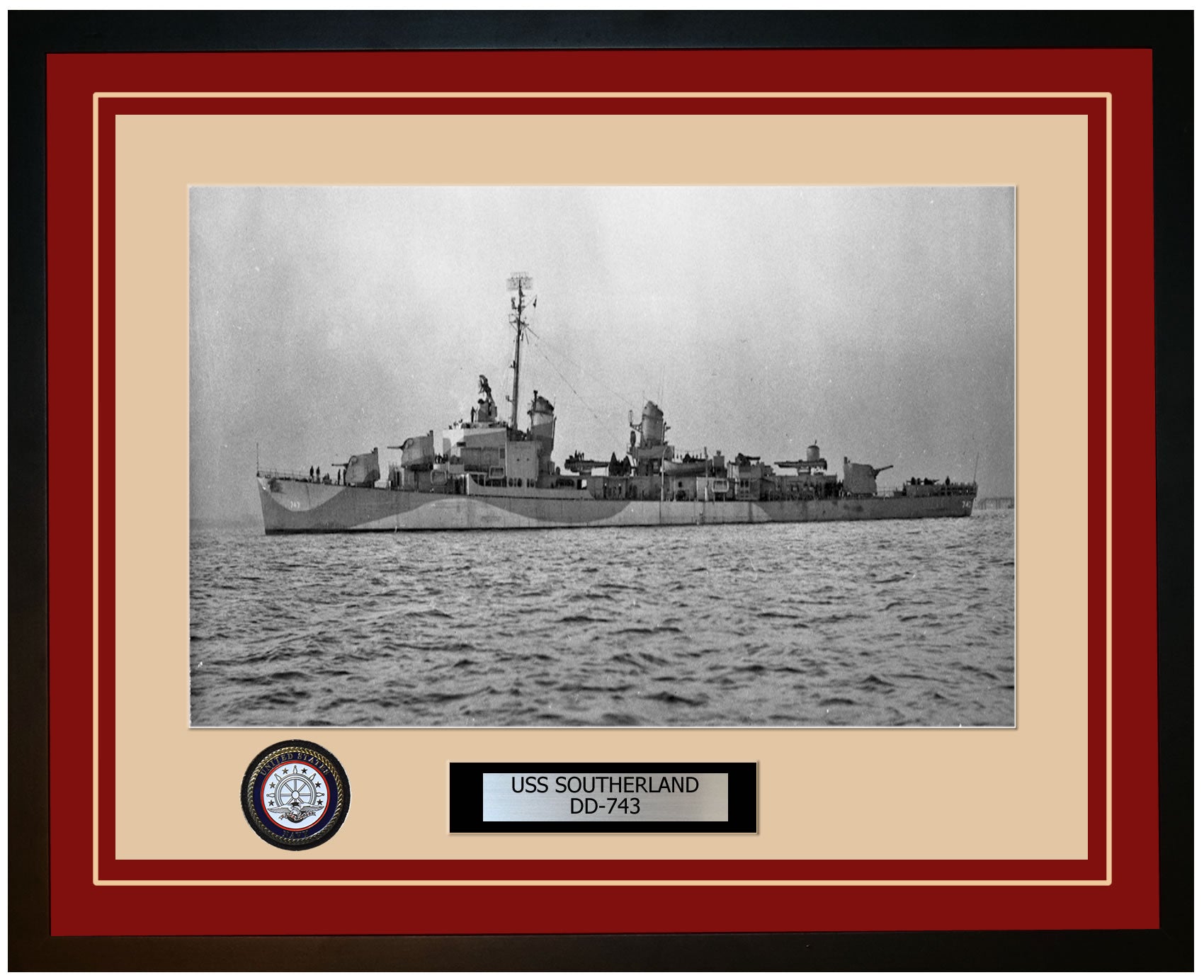USS SOUTHERLAND DD-743 Framed Navy Ship Photo Burgundy