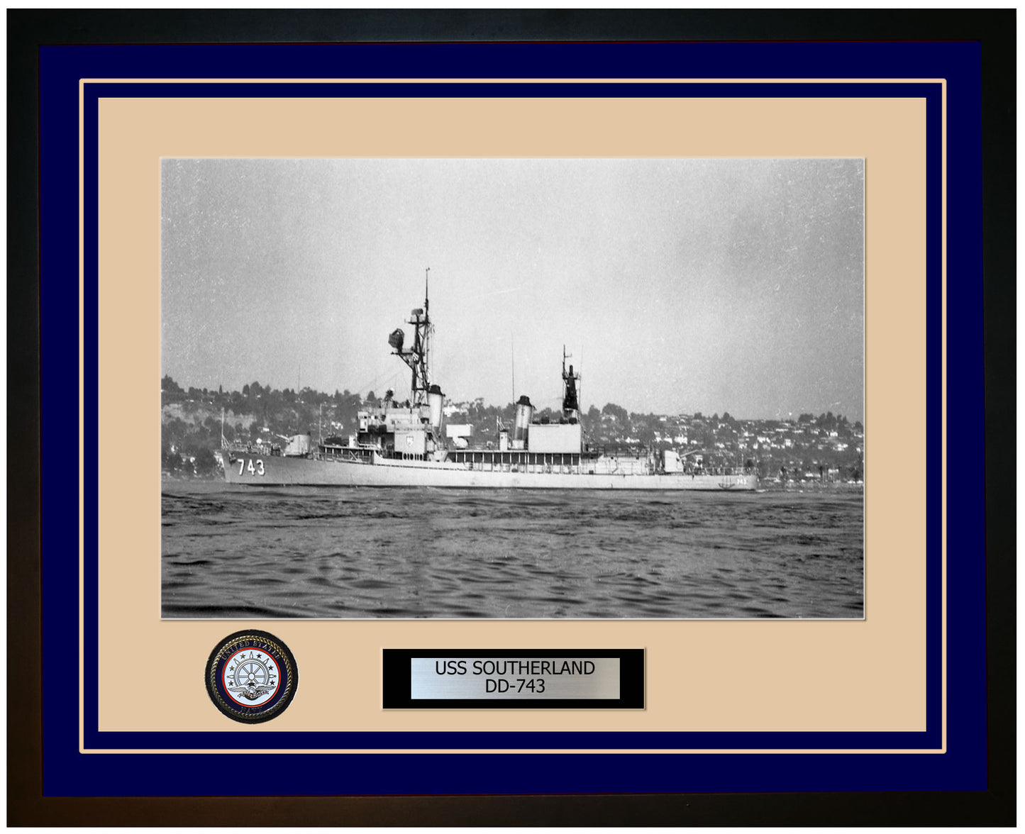 USS SOUTHERLAND DD-743 Framed Navy Ship Photo Blue