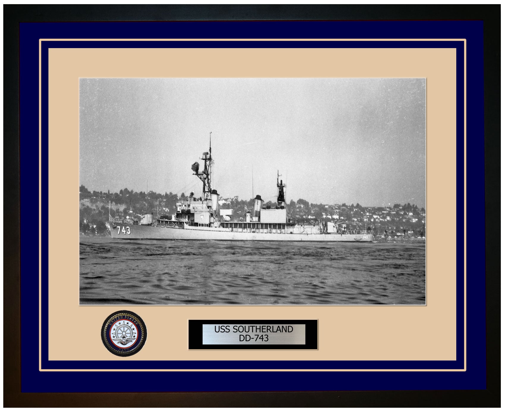 USS SOUTHERLAND DD-743 Framed Navy Ship Photo Blue