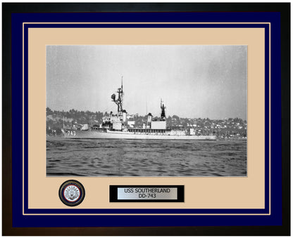 USS SOUTHERLAND DD-743 Framed Navy Ship Photo Blue