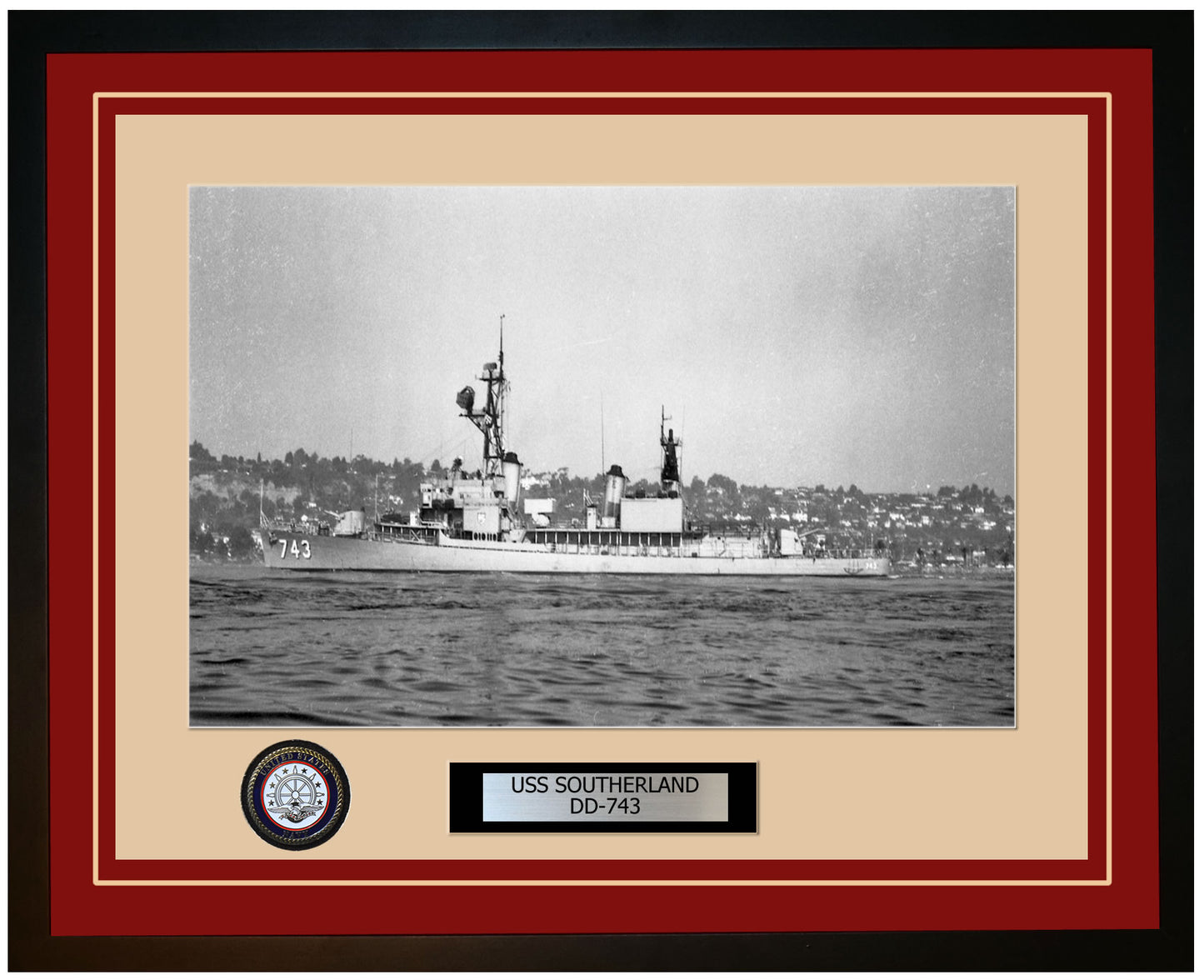 USS SOUTHERLAND DD-743 Framed Navy Ship Photo Burgundy