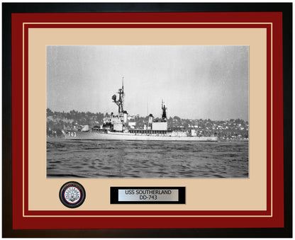 USS SOUTHERLAND DD-743 Framed Navy Ship Photo Burgundy