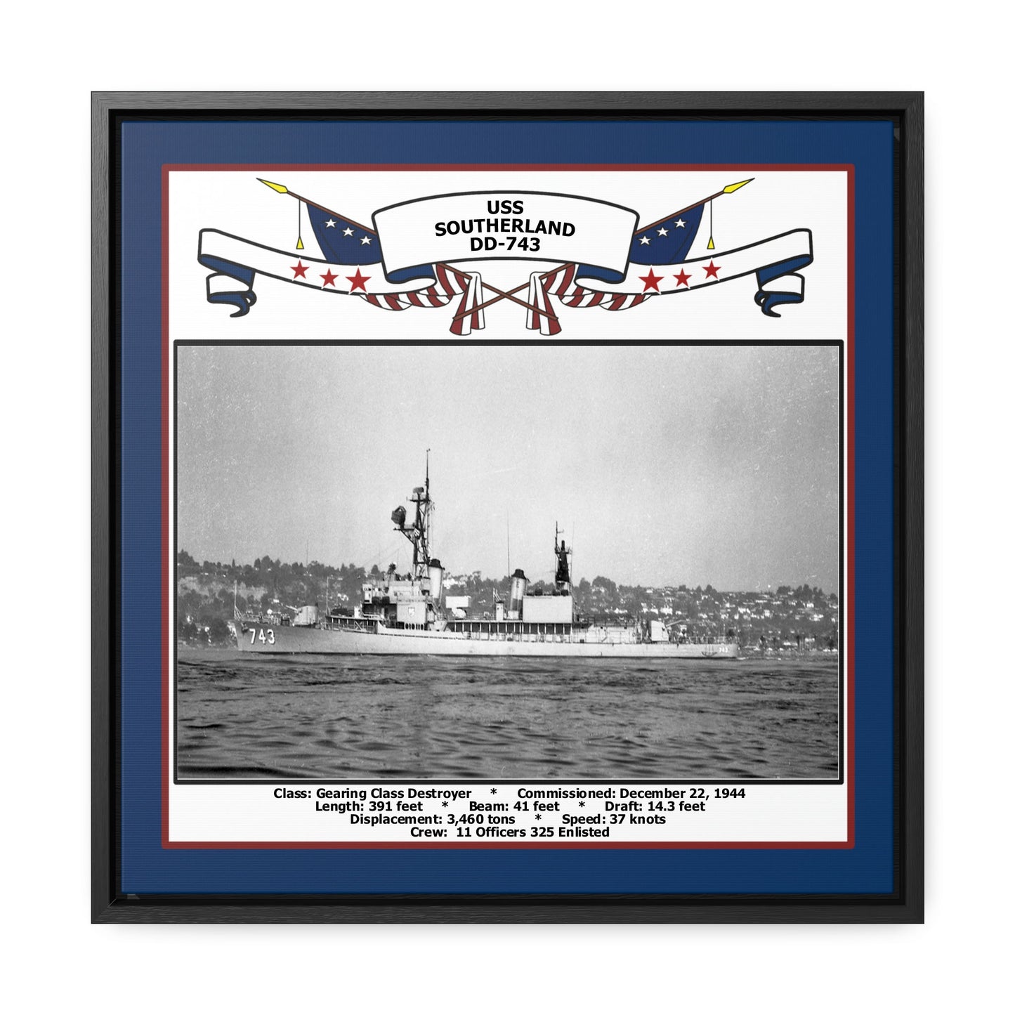 USS Southerland DD-743 Navy Floating Frame Photo Front View