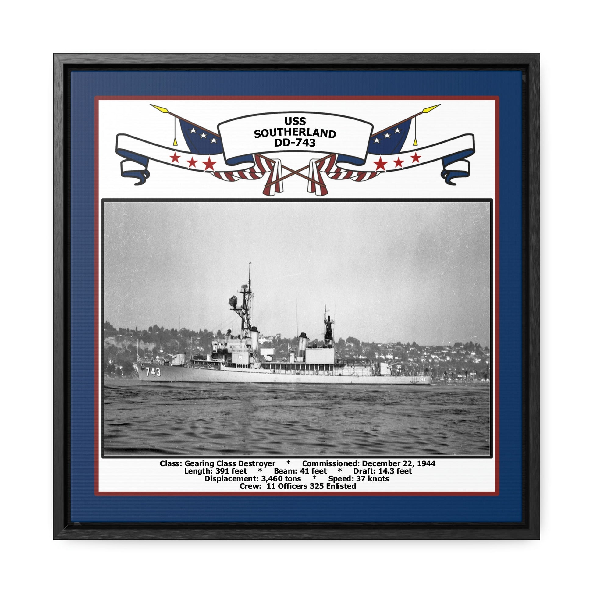 USS Southerland DD-743 Navy Floating Frame Photo Front View