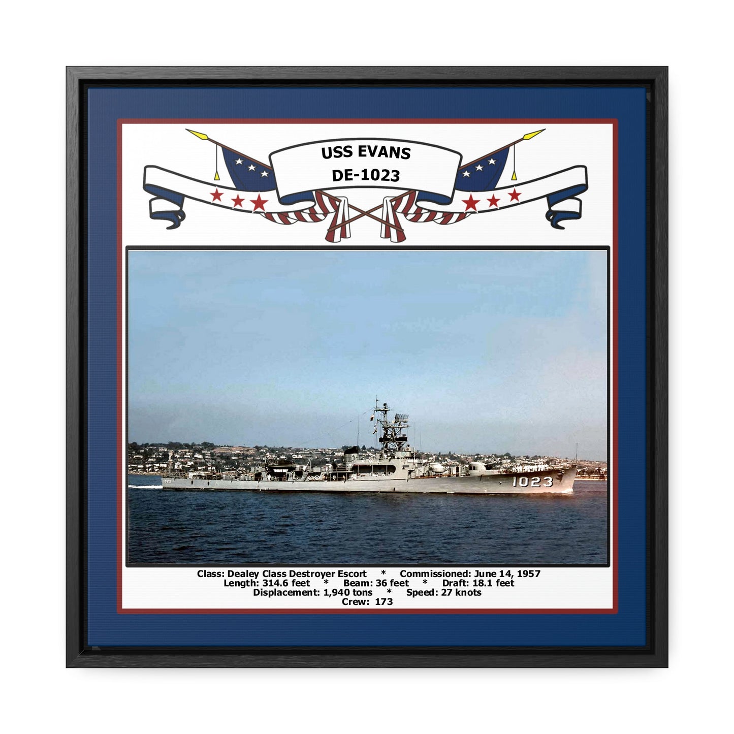 USS Evans DE-1023 Navy Floating Frame Photo Front View