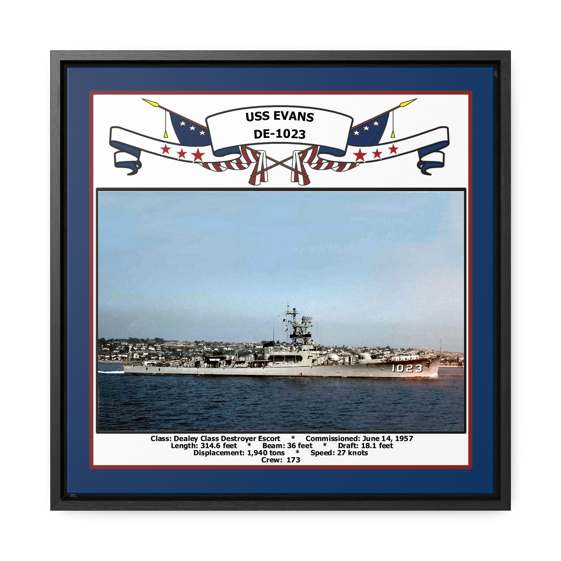 USS Evans DE-1023 Navy Floating Frame Photo Front View