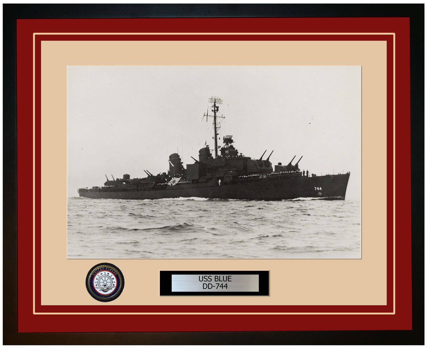 USS BLUE DD-744 Framed Navy Ship Photo Burgundy