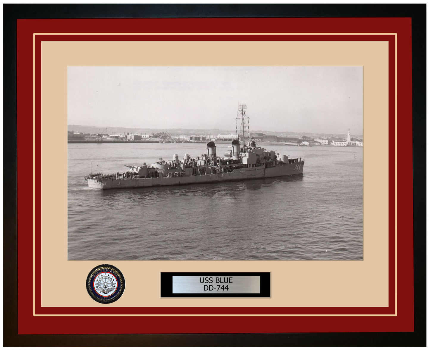USS BLUE DD-744 Framed Navy Ship Photo Burgundy