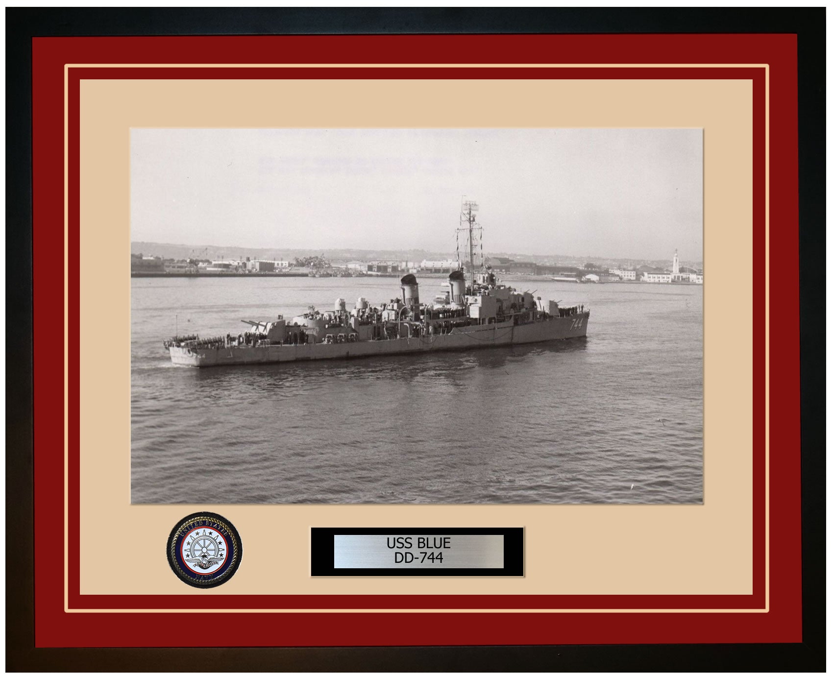 USS BLUE DD-744 Framed Navy Ship Photo Burgundy
