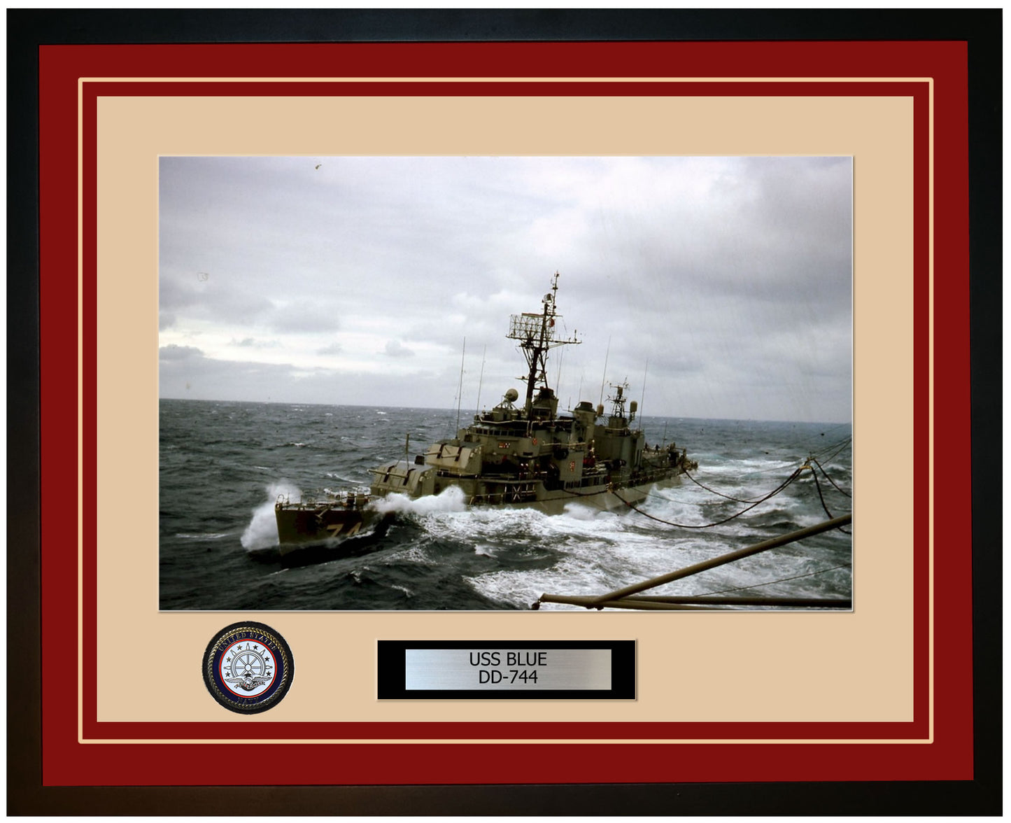 USS BLUE DD-744 Framed Navy Ship Photo Burgundy