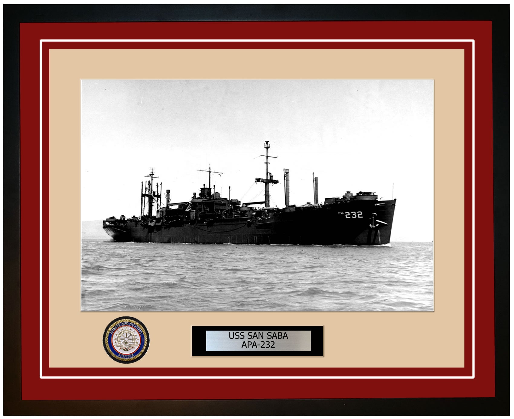 USS San Saba APA-232 Framed Navy Ship Photo Burgundy