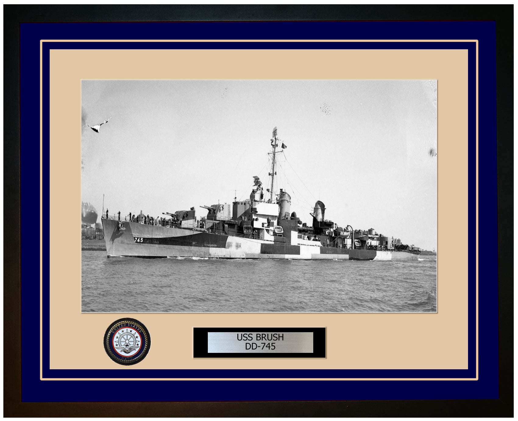 USS BRUSH DD-745 Framed Navy Ship Photo Blue