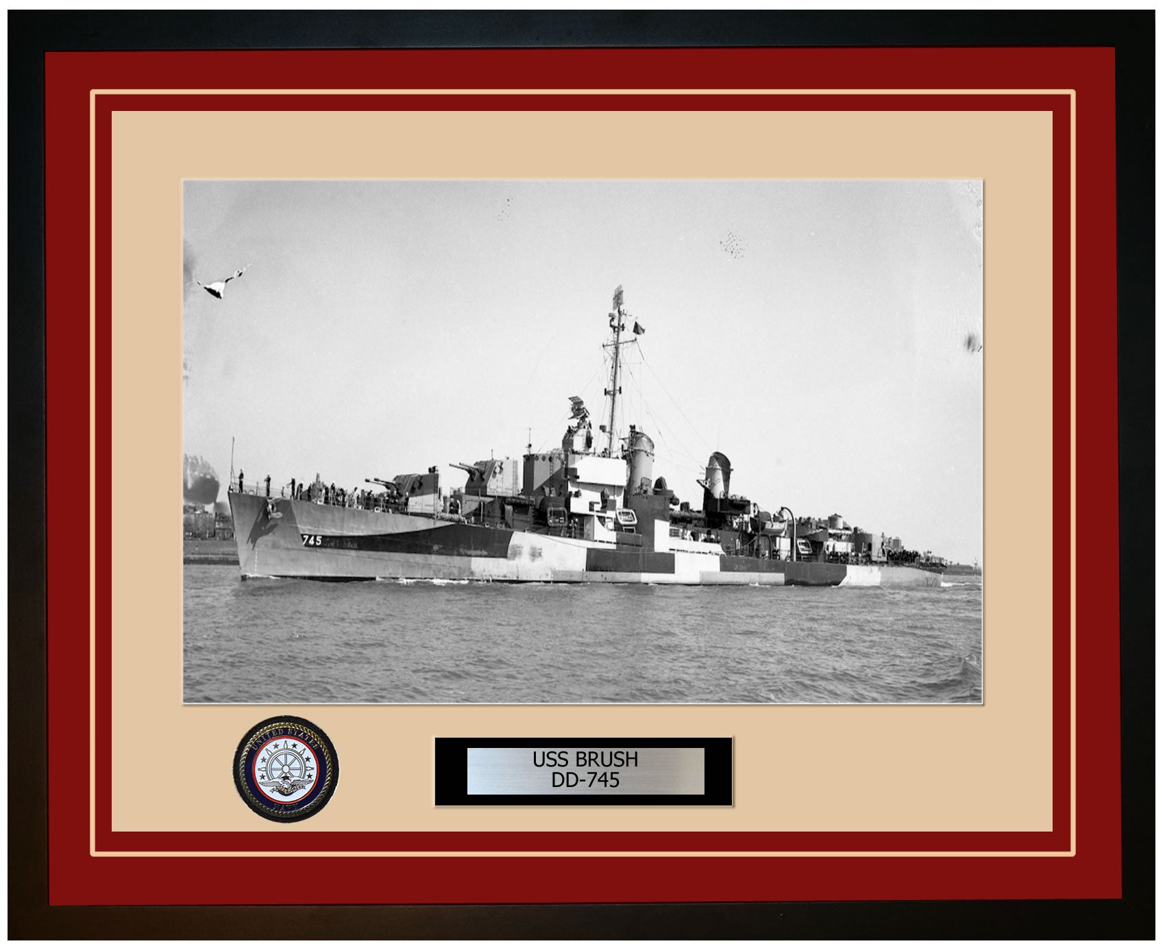 USS BRUSH DD-745 Framed Navy Ship Photo Burgundy