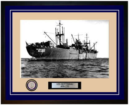 USS Bottineau APA-235 Framed Navy Ship Photo Blue