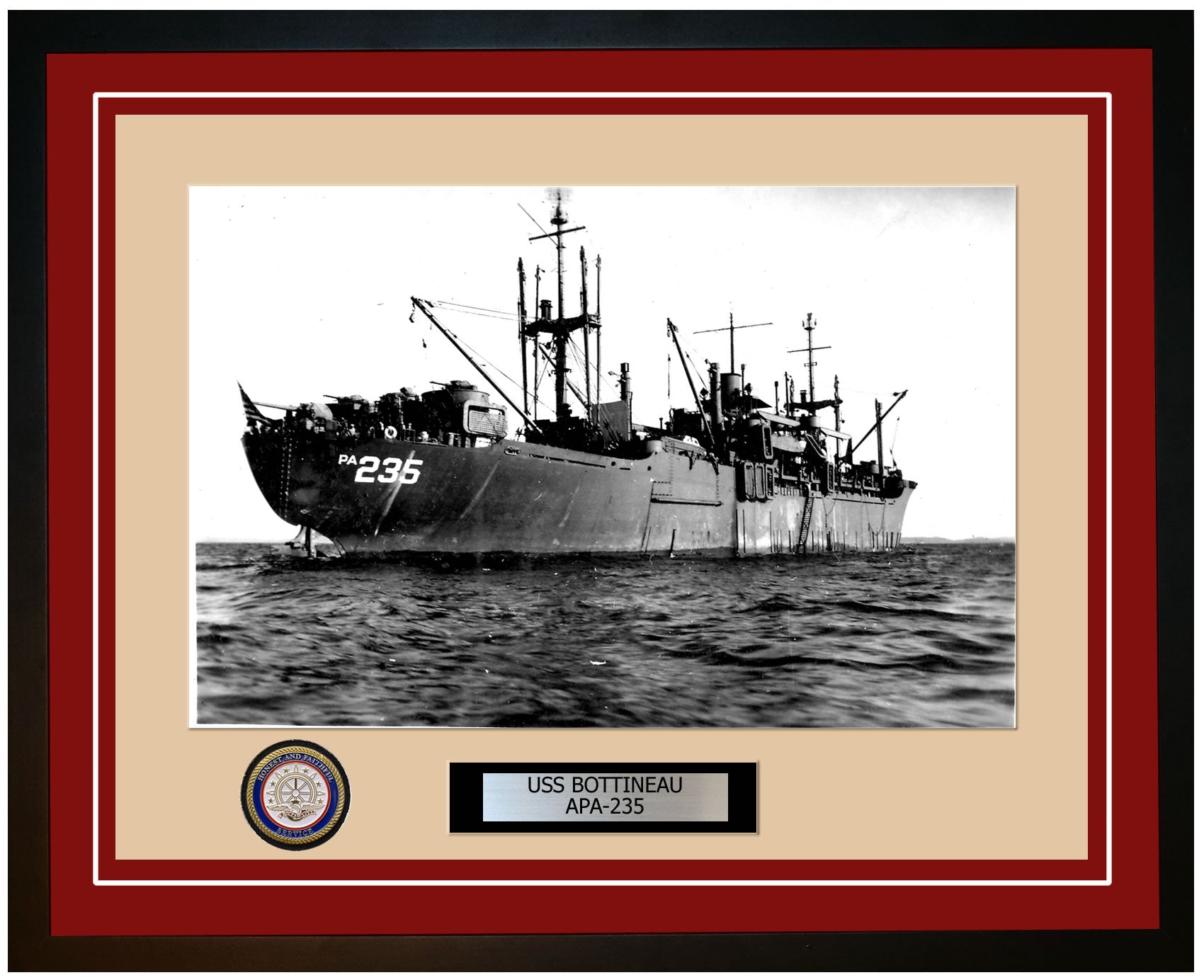 USS Bottineau APA-235 Framed Navy Ship Photo Burgundy