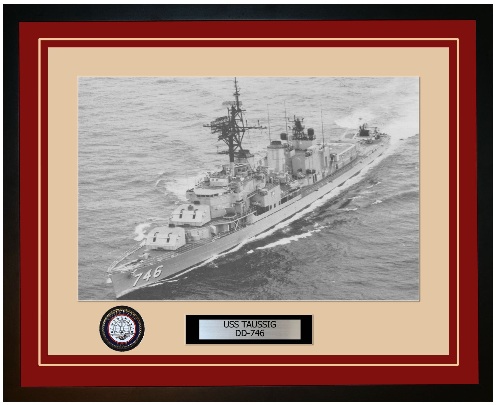 USS TAUSSIG DD-746 Framed Navy Ship Photo Burgundy