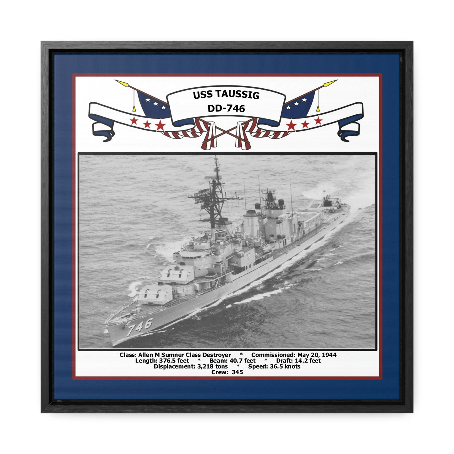 USS Taussig DD-746 Navy Floating Frame Photo Front View