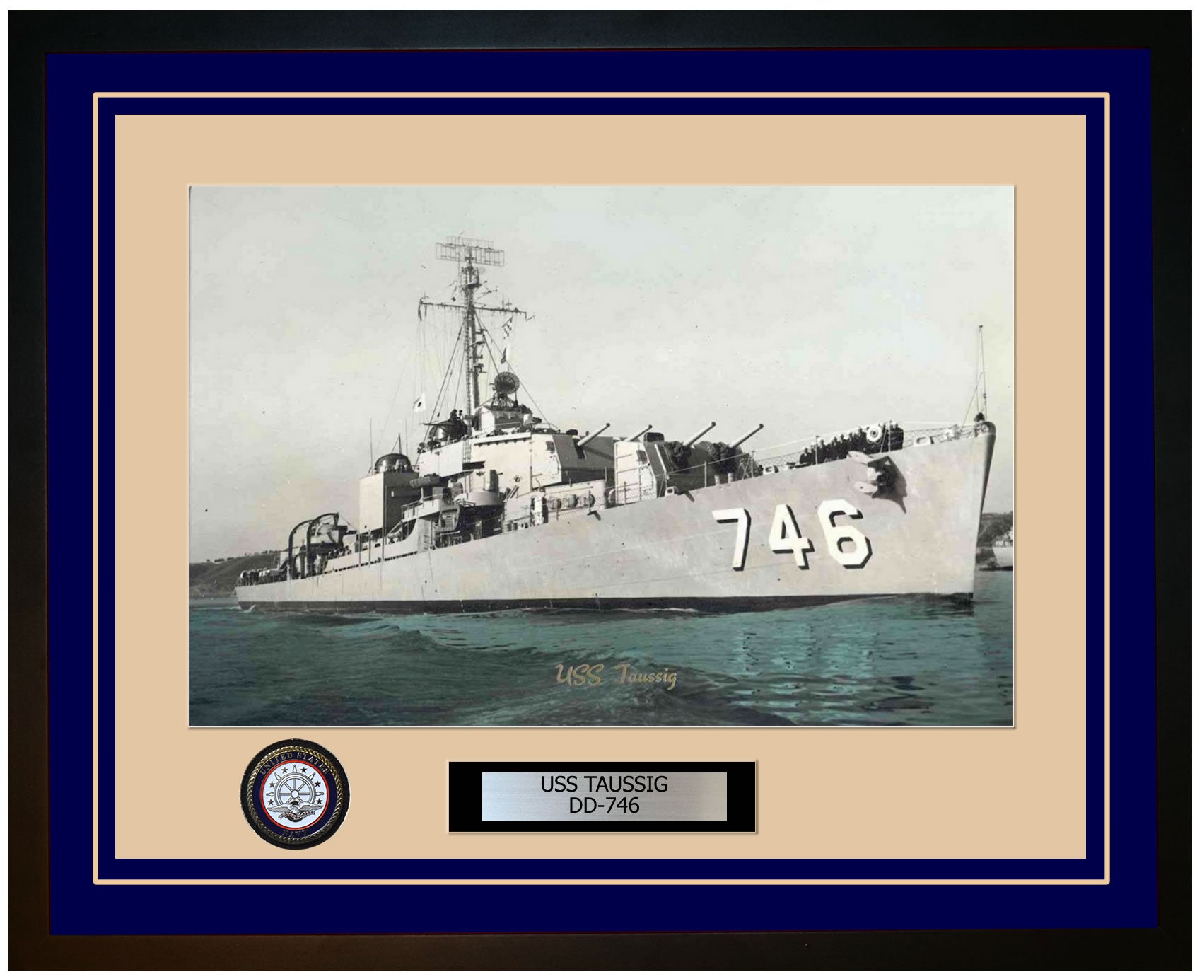 USS TAUSSIG DD-746 Framed Navy Ship Photo Blue