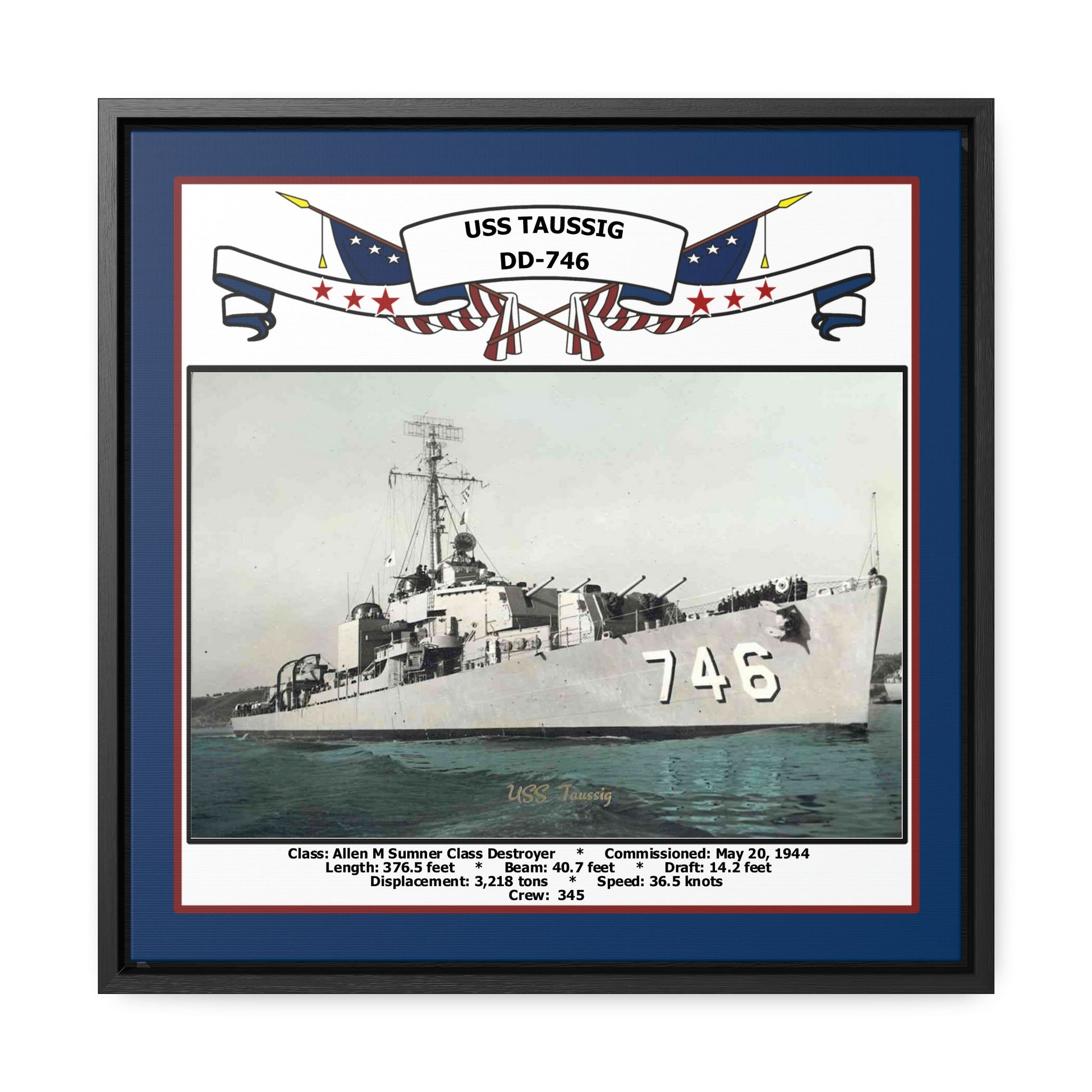 USS Taussig DD-746 Navy Floating Frame Photo Front View