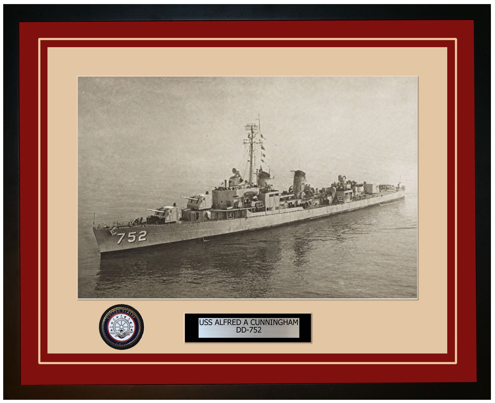 USS ALFRED A CUNNINGHAM DD-752 Framed Navy Ship Photo Burgundy