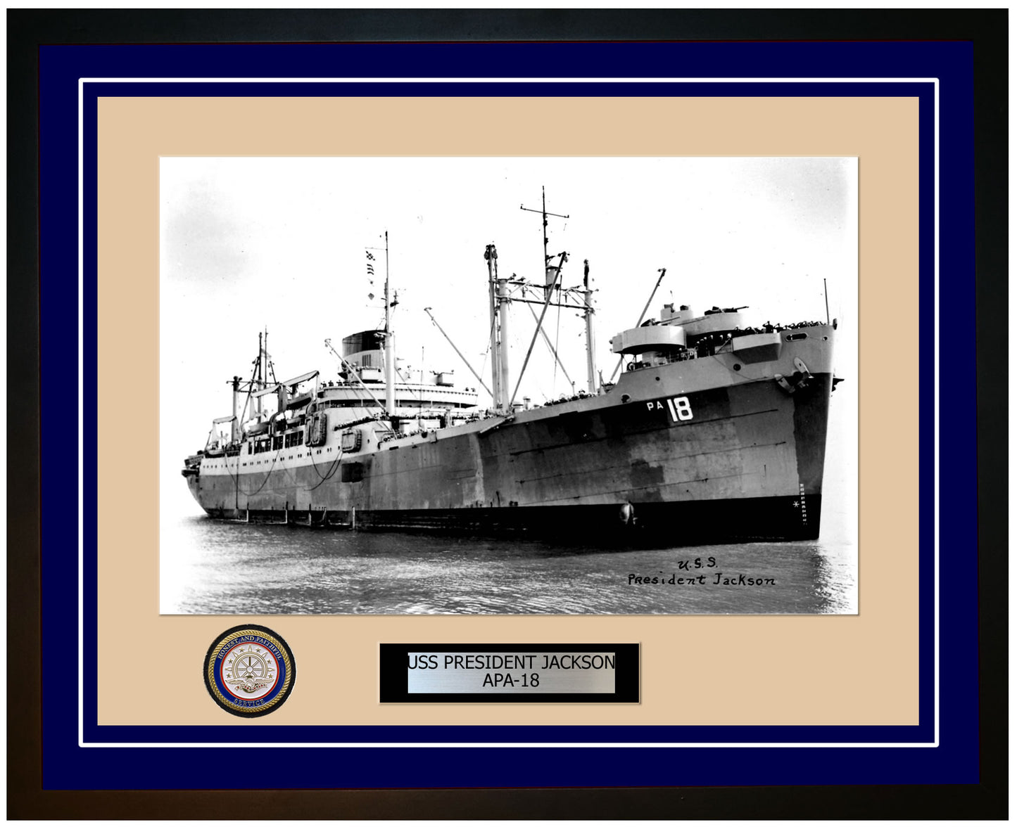 USS President Jackson APA-18 Framed Navy Ship Photo Blue