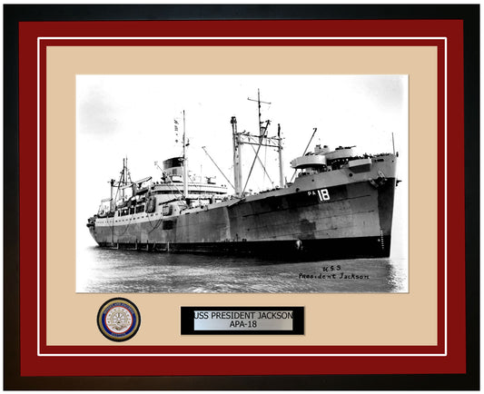 USS President Jackson APA-18 Framed Navy Ship Photo Burgundy