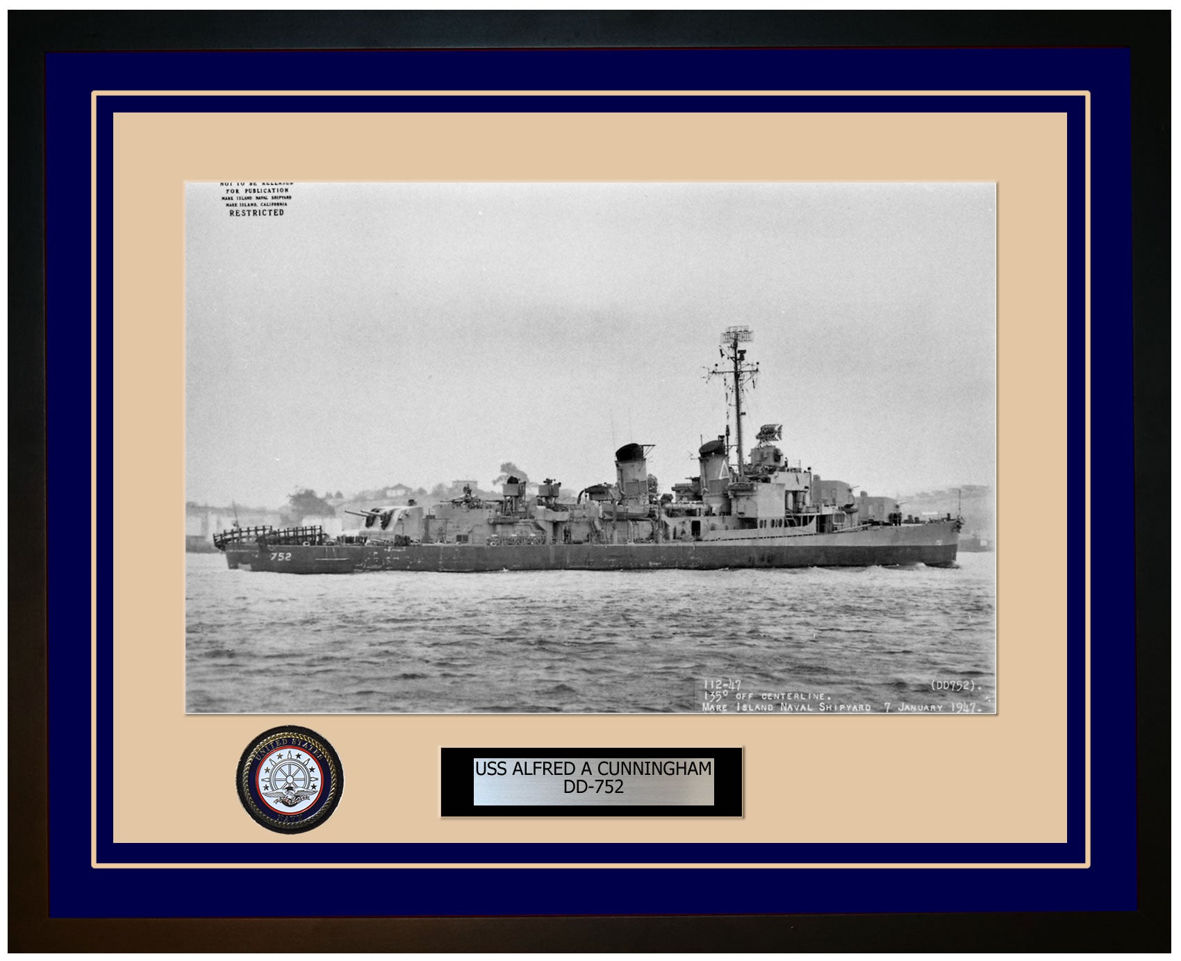 USS ALFRED A CUNNINGHAM DD-752 Framed Navy Ship Photo Blue