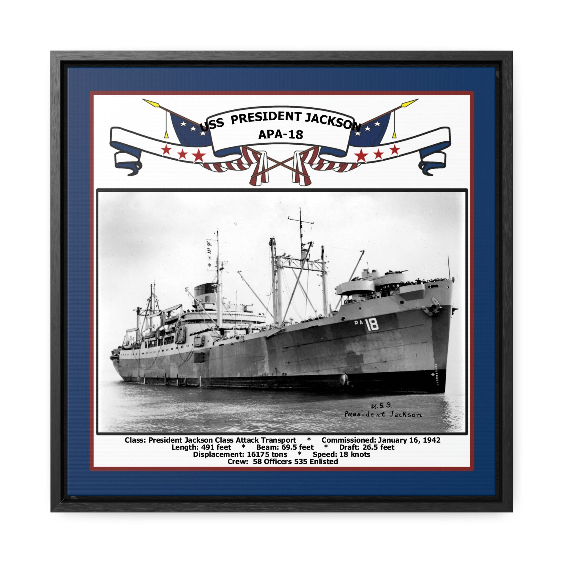USS President Jackson APA-18 Navy Floating Frame Photo Front View