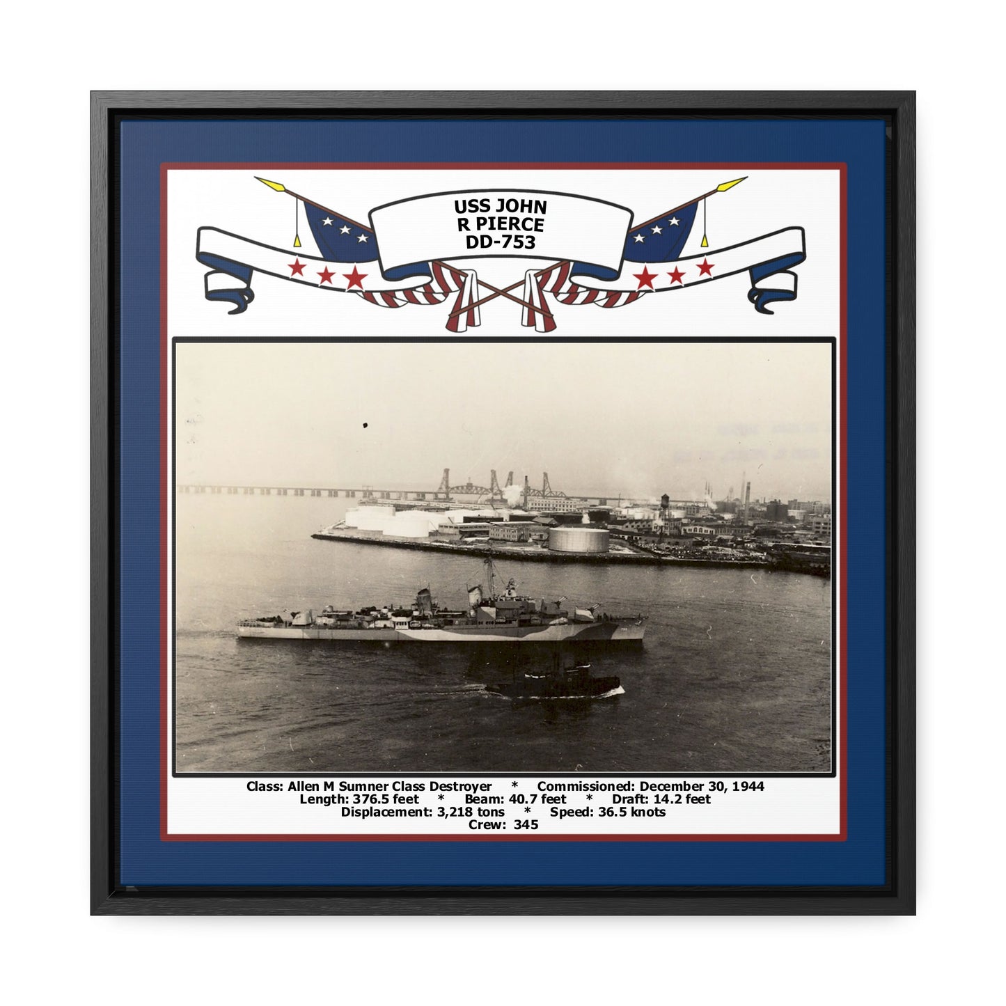 USS John R Pierce DD-753 Navy Floating Frame Photo Front View