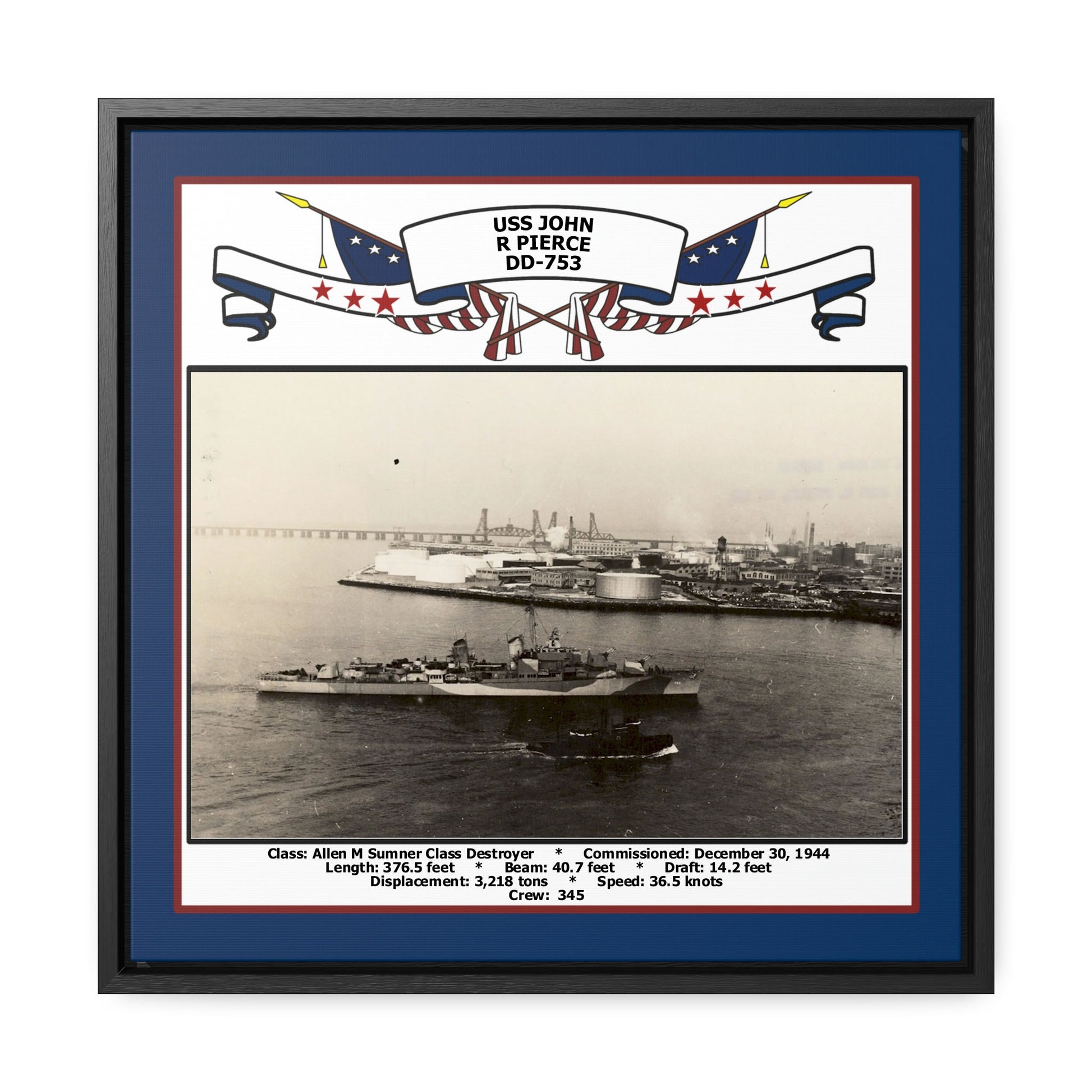 USS John R Pierce DD-753 Navy Floating Frame Photo Front View