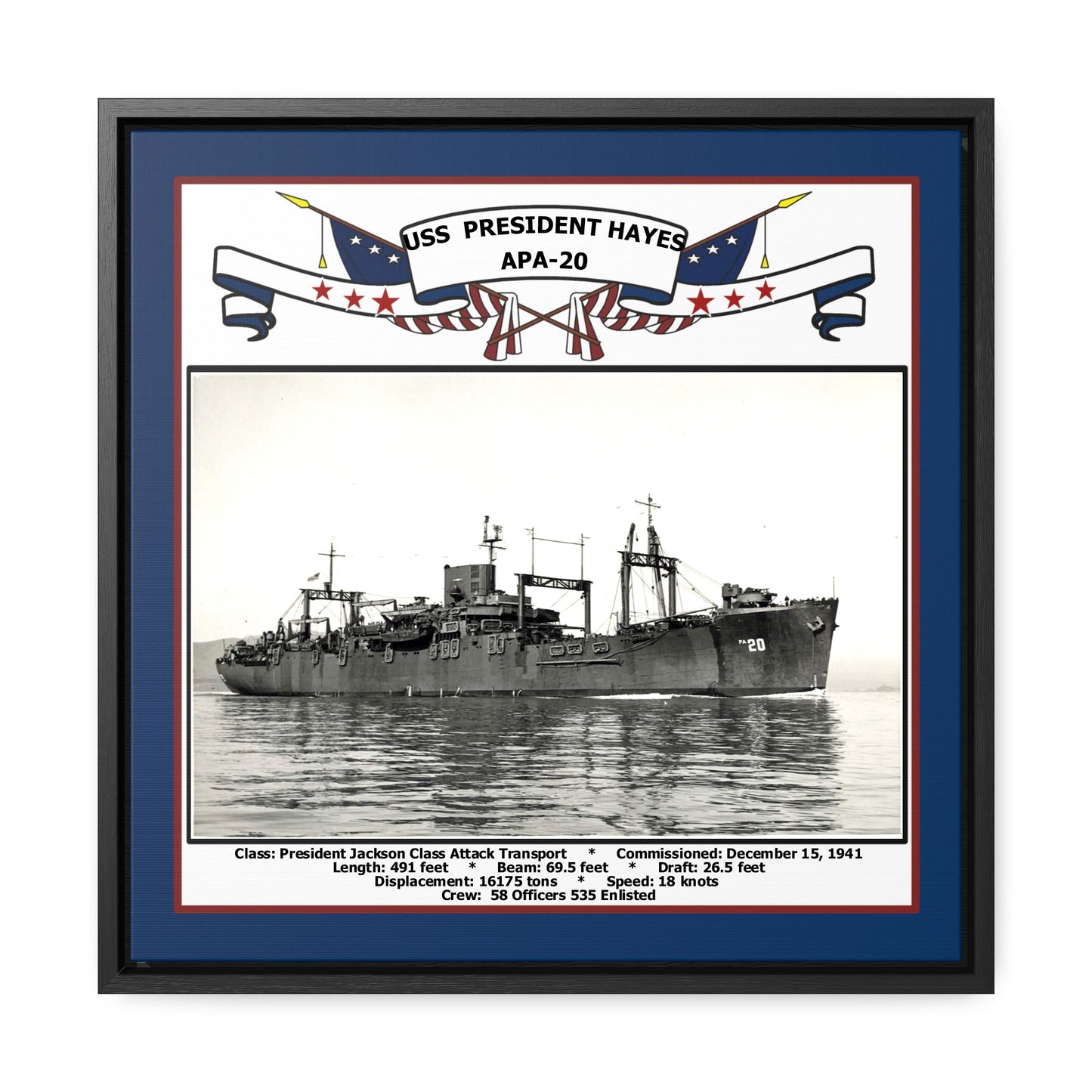 USS President Hayes APA-20 Navy Floating Frame Photo Front View