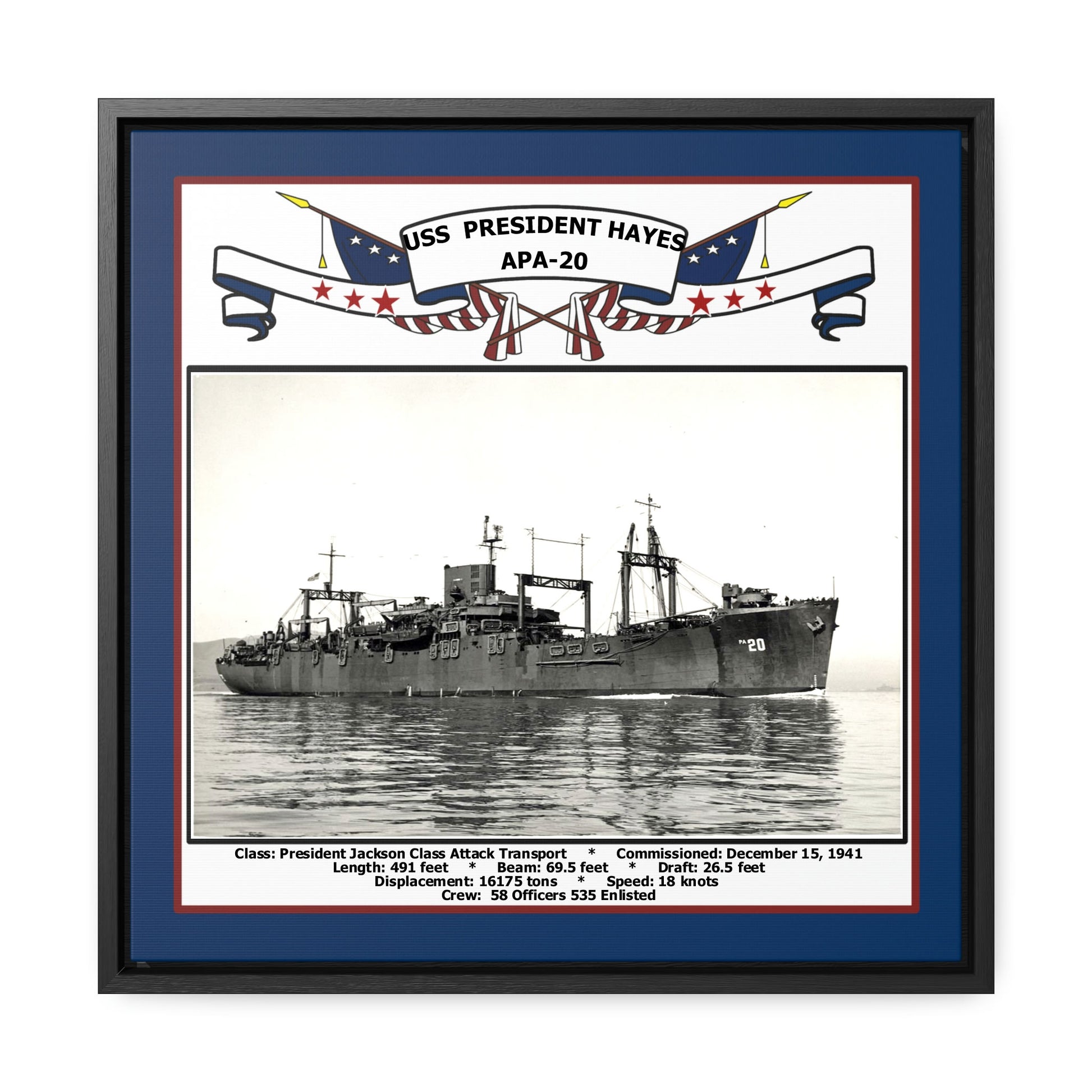USS President Hayes APA-20 Navy Floating Frame Photo Front View