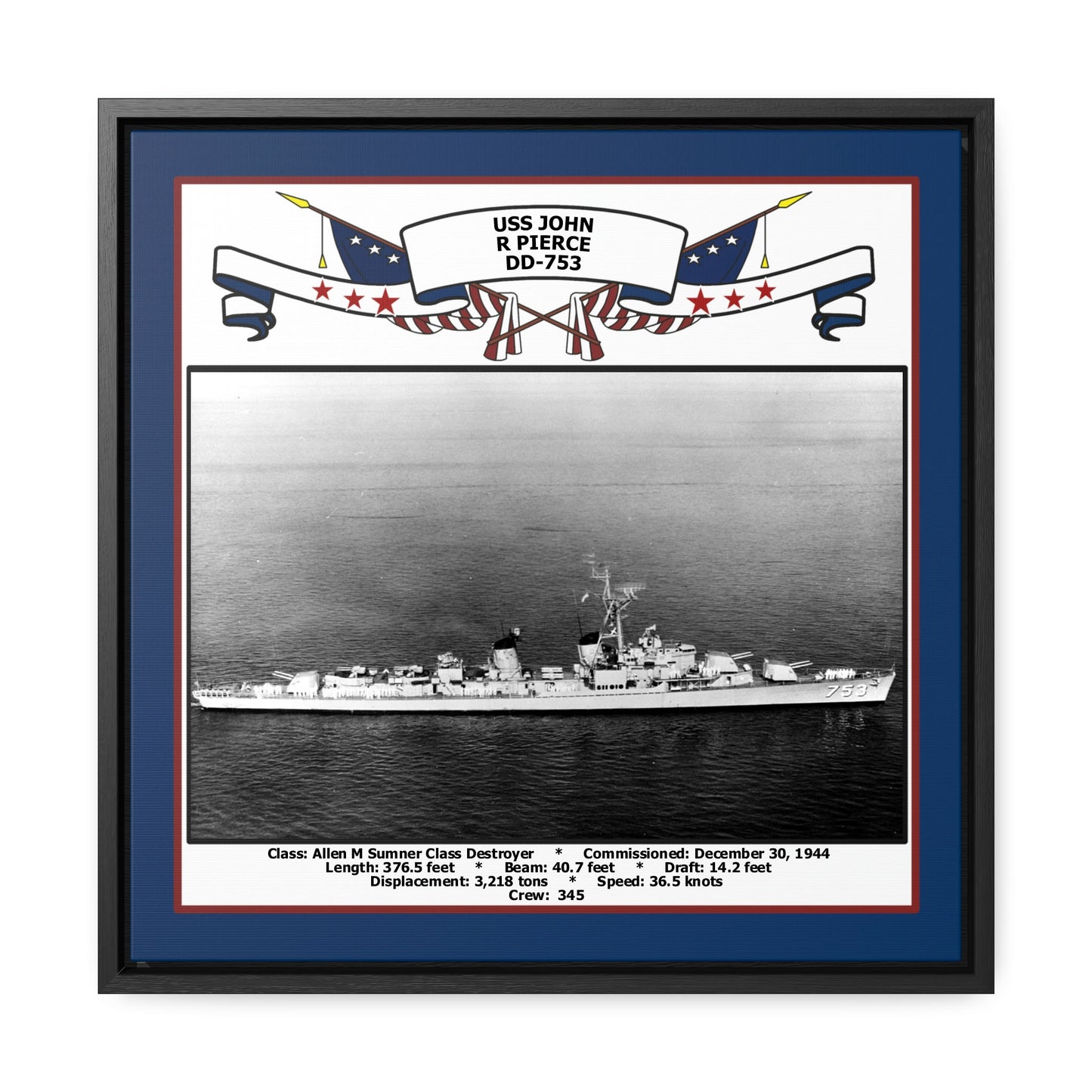 USS John R Pierce DD-753 Navy Floating Frame Photo Front View