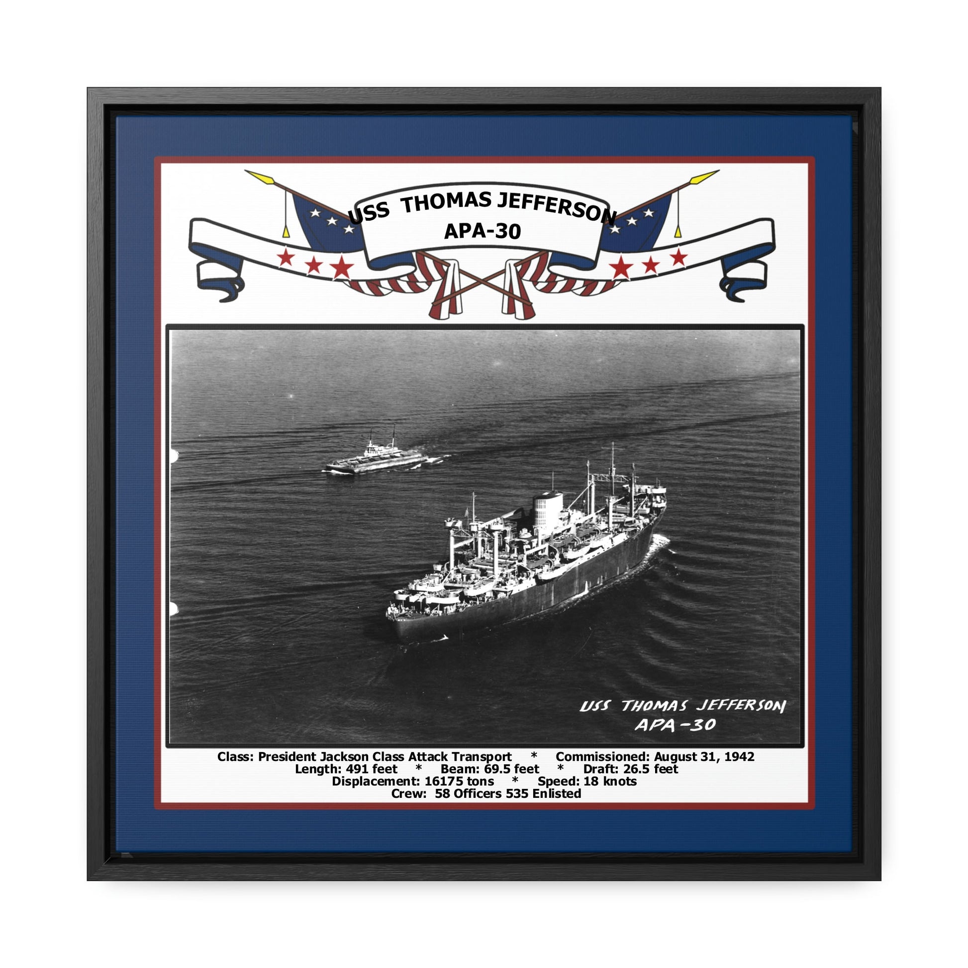 USS Thomas Jefferson APA-30 Navy Floating Frame Photo Front View