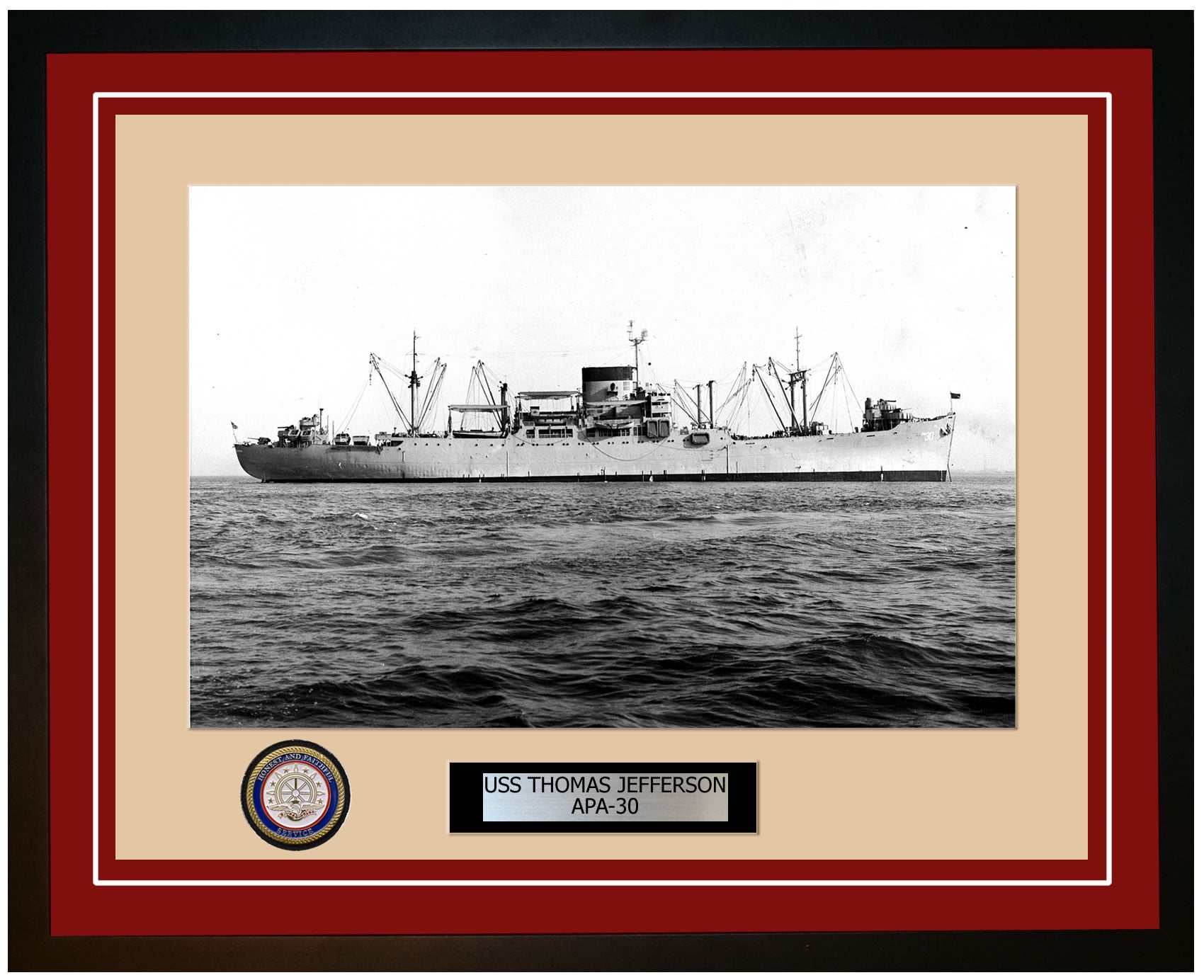 USS Thomas Jefferson APA-30 Framed Navy Ship Photo Burgundy