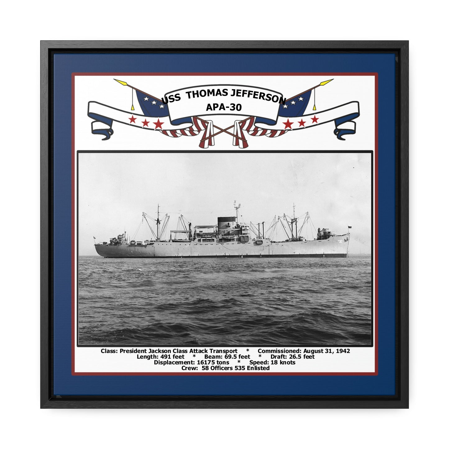 USS Thomas Jefferson APA-30 Navy Floating Frame Photo Front View