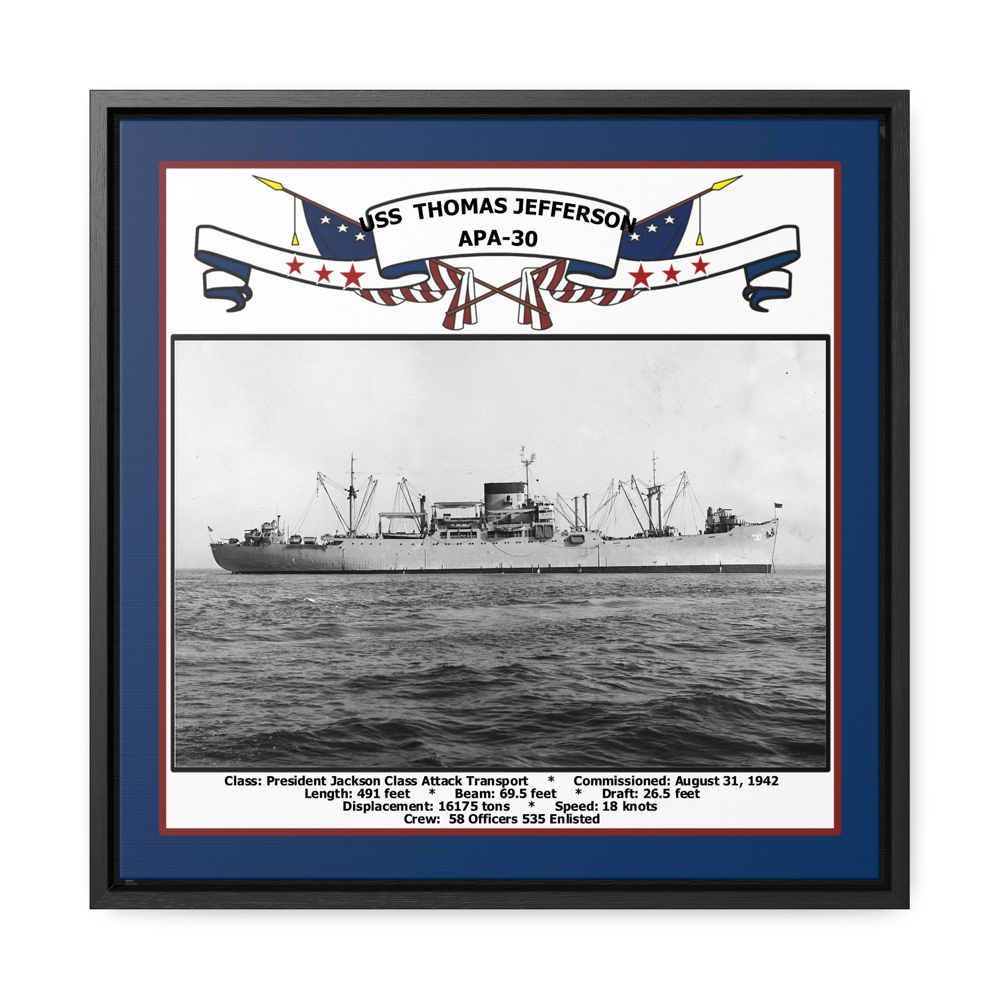 USS Thomas Jefferson APA-30 Navy Floating Frame Photo Front View