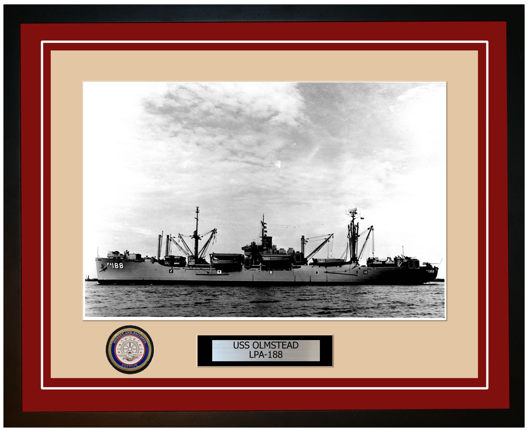 USS Olmstead LPA-188 Framed Navy Ship Photo Burgundy