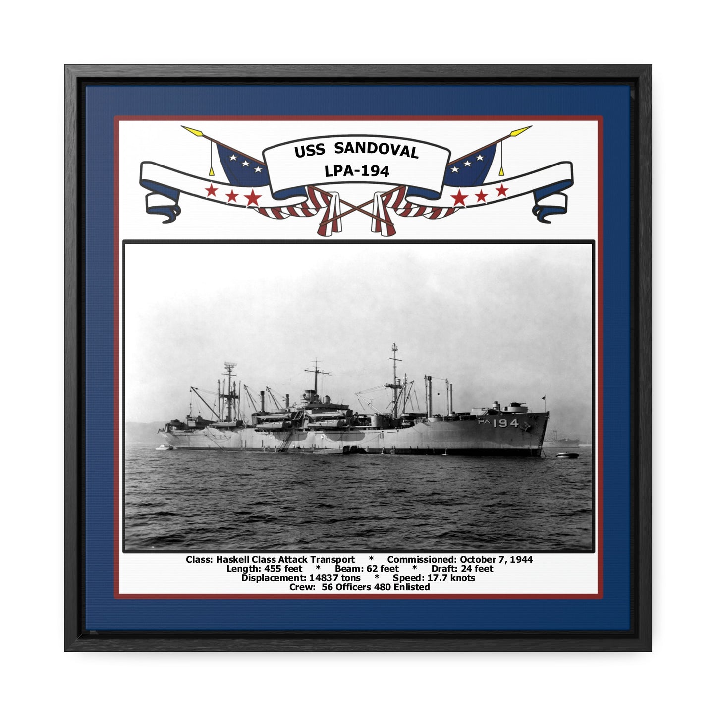 USS Sandoval LPA-194 Navy Floating Frame Photo Front View