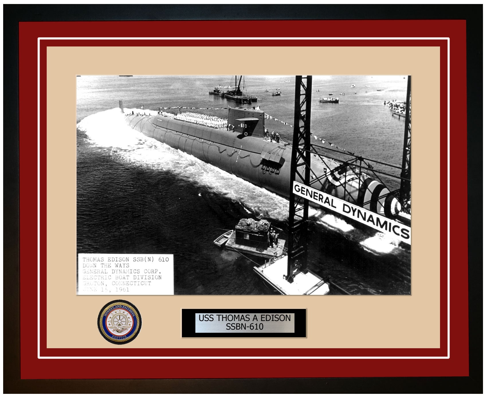 USS Thomas A Edison SSBN-610 Framed Navy Ship Photo Burgundy
