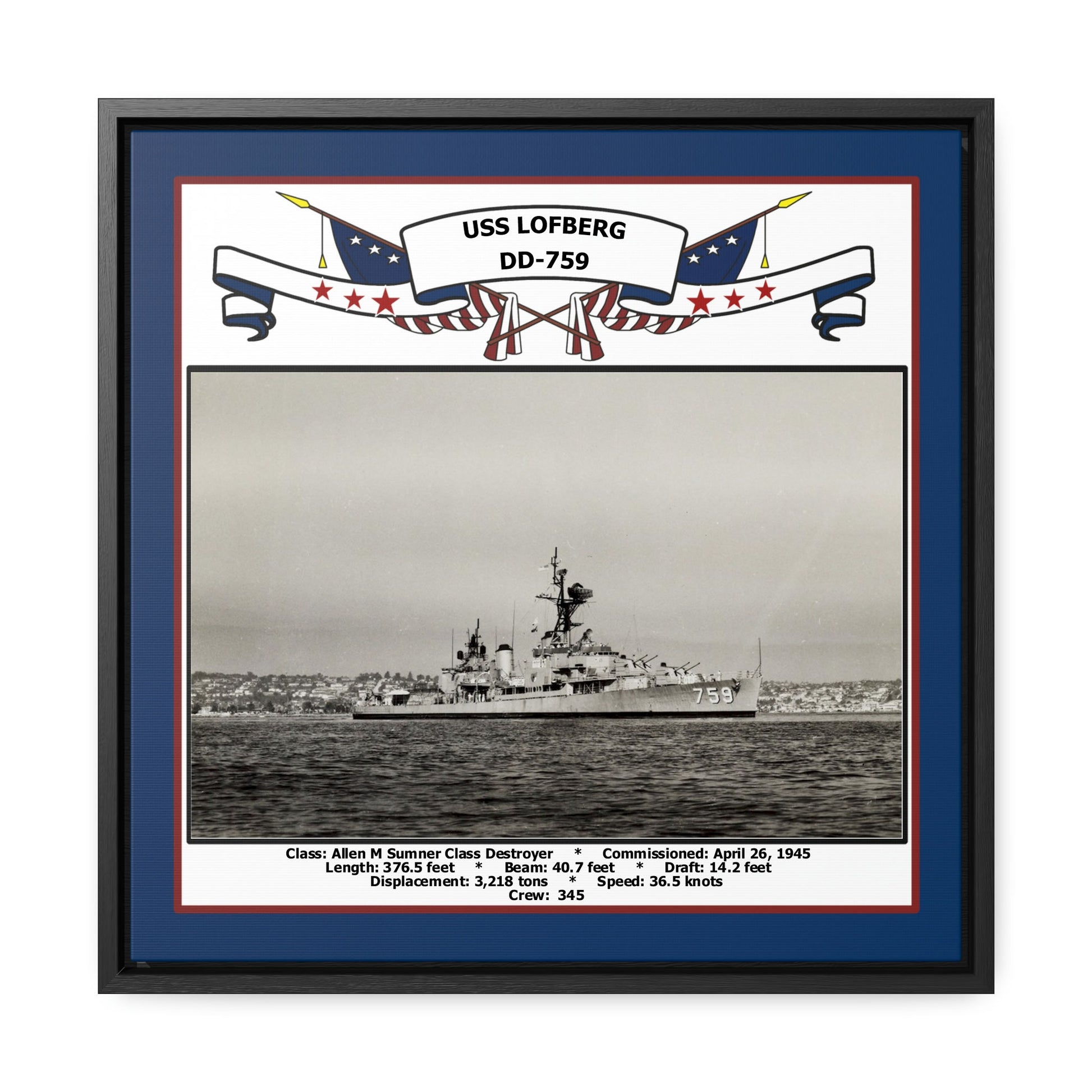 USS Lofberg DD-759 Navy Floating Frame Photo Front View