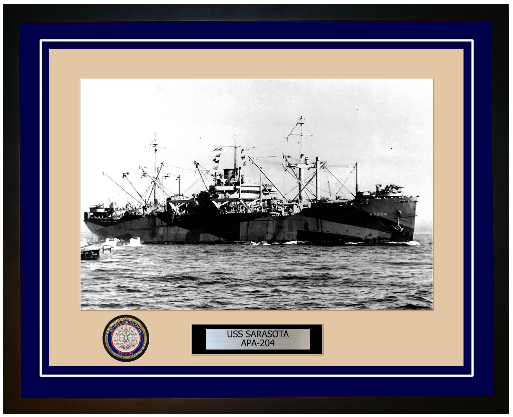 USS Sarasota APA-204 Framed Navy Ship Photo Blue